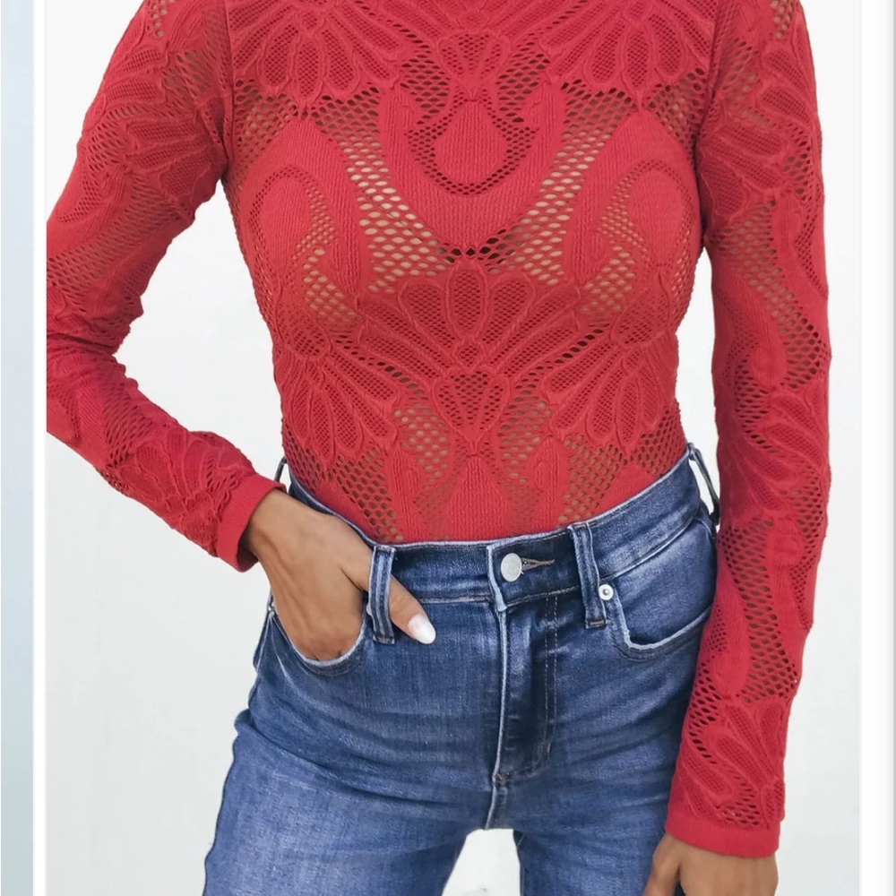 387. Magnolia Boutique Red Mock Neck Fishnet Top - Picture 3 of 3